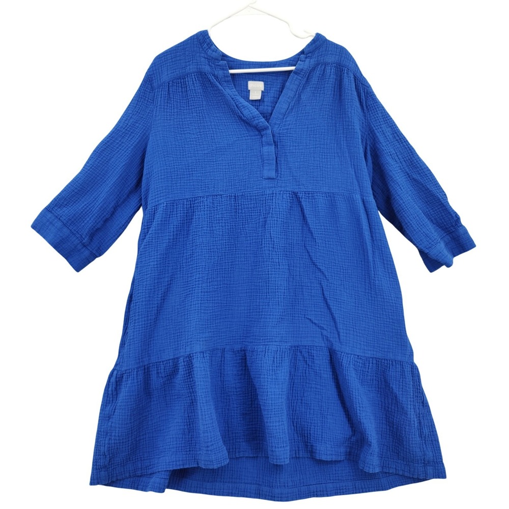 Chico's Women Coastal Gauze Boho 100% Cotton Tunic Dress 3 XL Blue Tiered Split